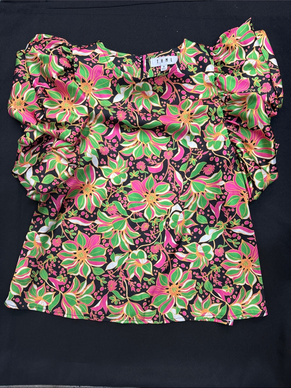 THML Black Floral Puff-Sleeve Blouse with Pink & Green Accents